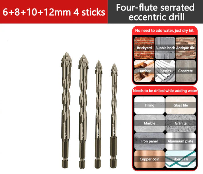 【6+8+10+12mm】 | Komplet ekscentričnih svedrov Heavy Duty s 4 žlebovi