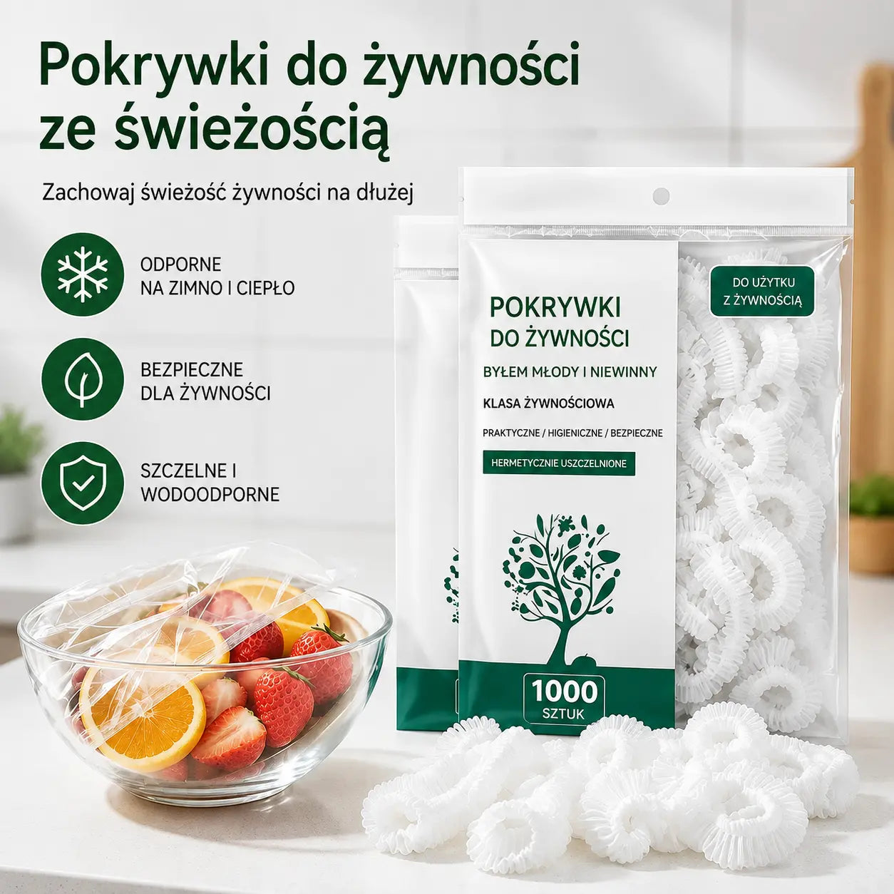 500 elastycznych pokrywek foliowych, wielokrotnego użytku, bezpiecznych dla żywności.